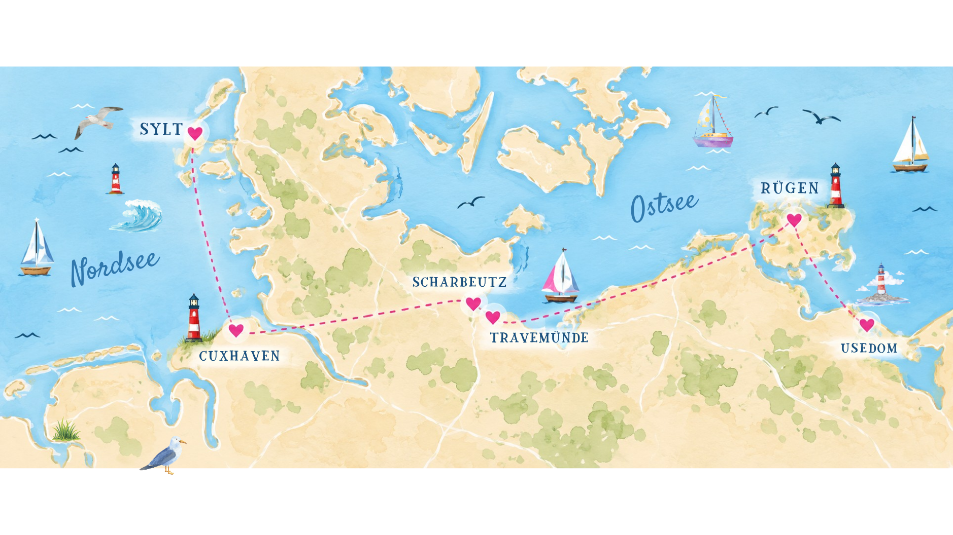 Illustrierte Karte der deutschen Nord- und Ostseeküste mit den Schauplätzen der Bücher von Michelle Schrenk