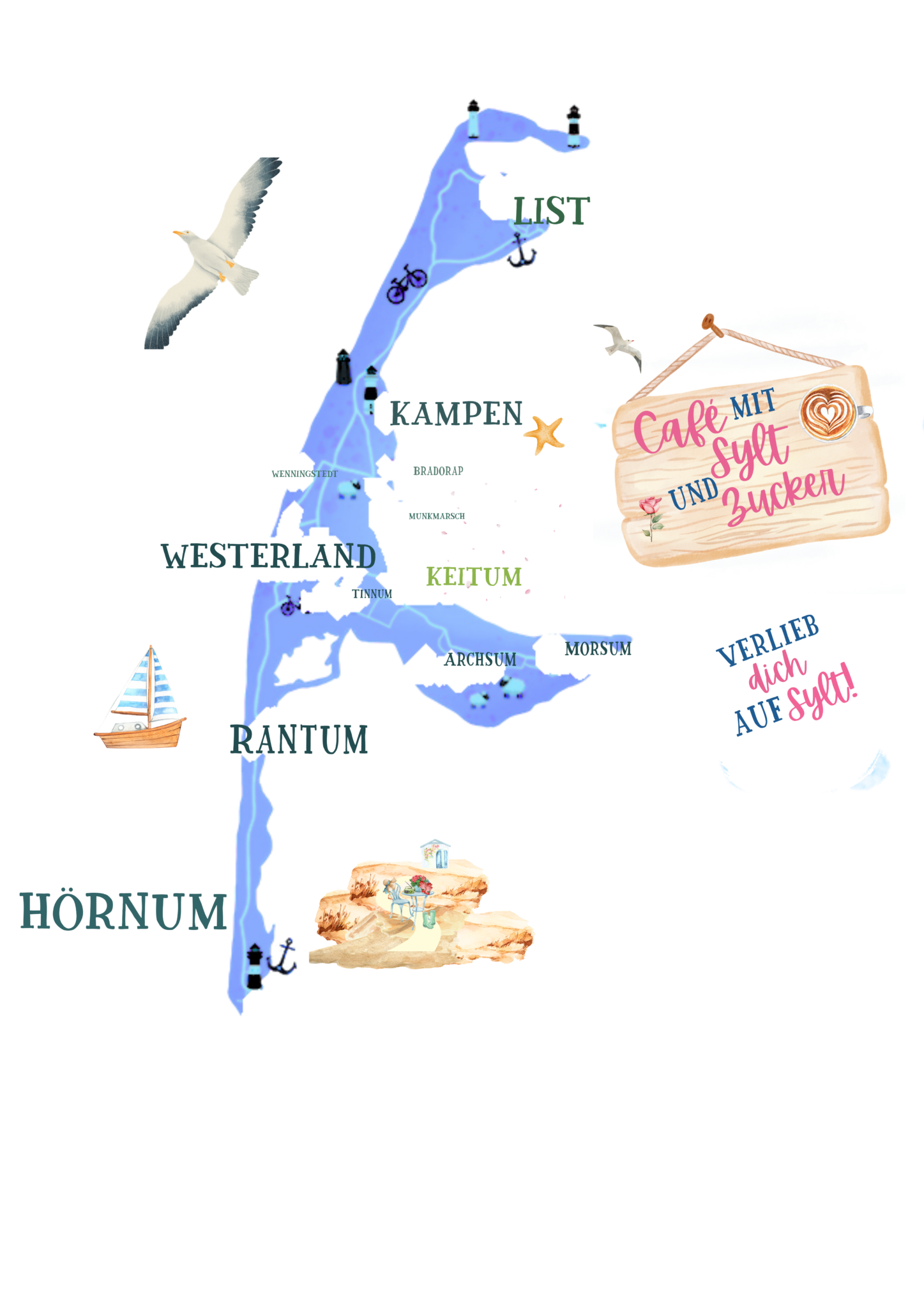 Illustrierte Karte von Sylt mit den Schauplätzen der Reihe Café mit Sylt und Zucker